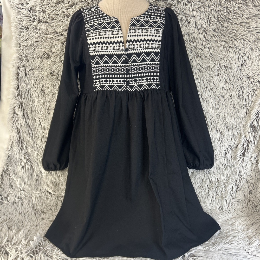 Umgee Dress Black Long Sleeve South Western Tunic Dress Boho Artsy Festival Sz S